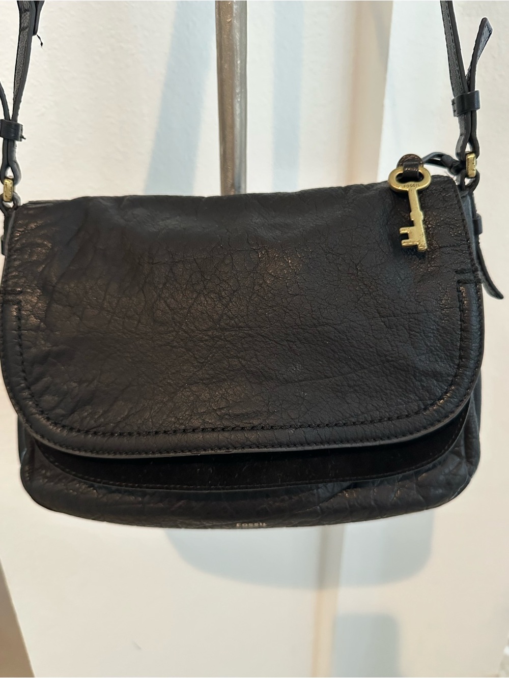 Fossil Peyton 12 inch Black Crossbody Bag with Key Charm genuine leather suede